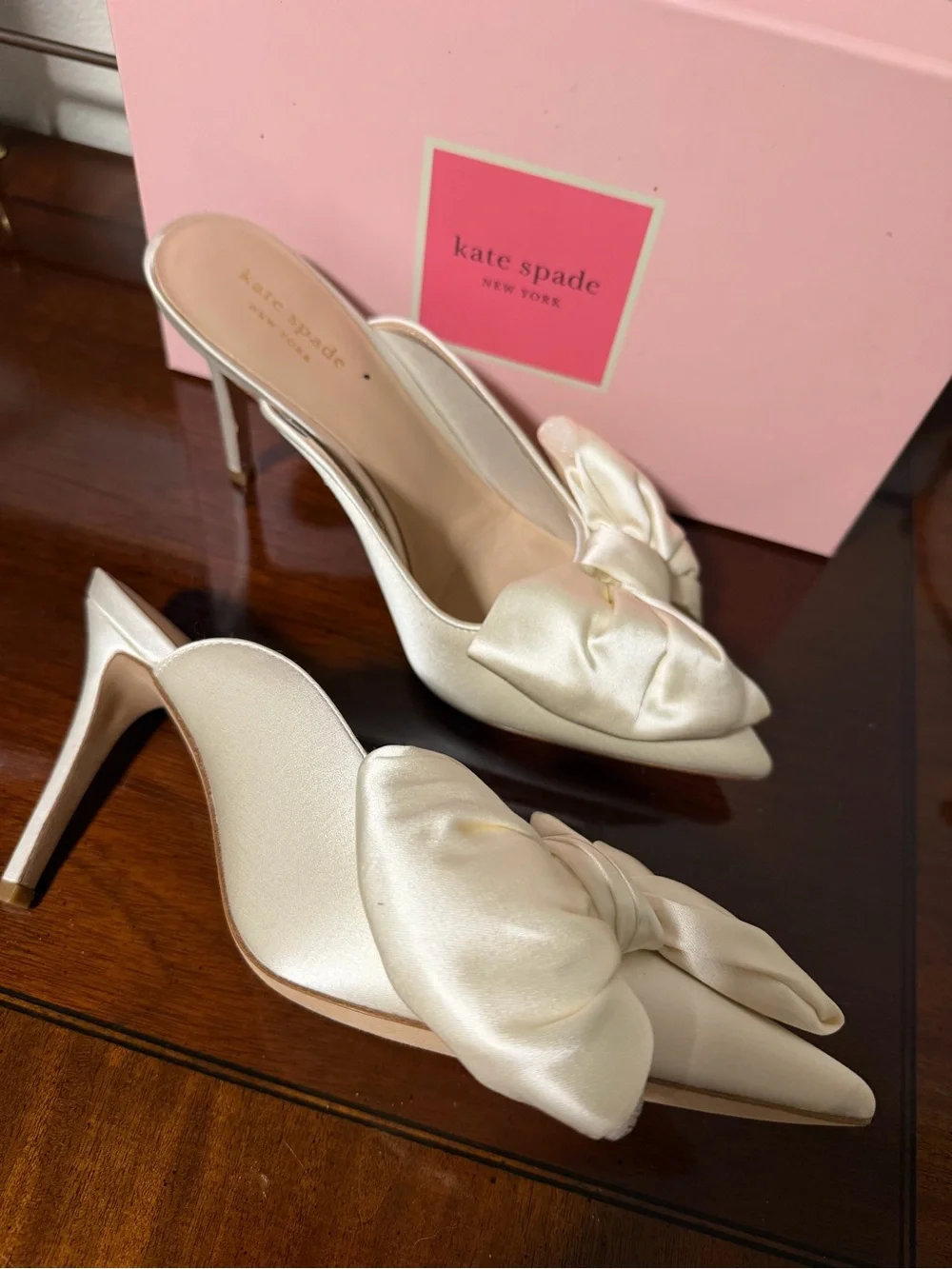 kate spade Ivory White Satin Pointed Bow Slip-On Heels Bridal Wedding